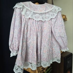 Vintage Bryan Damask Floral Long Sleeve Cottage Dress Size 2T Pink Purple Lace
